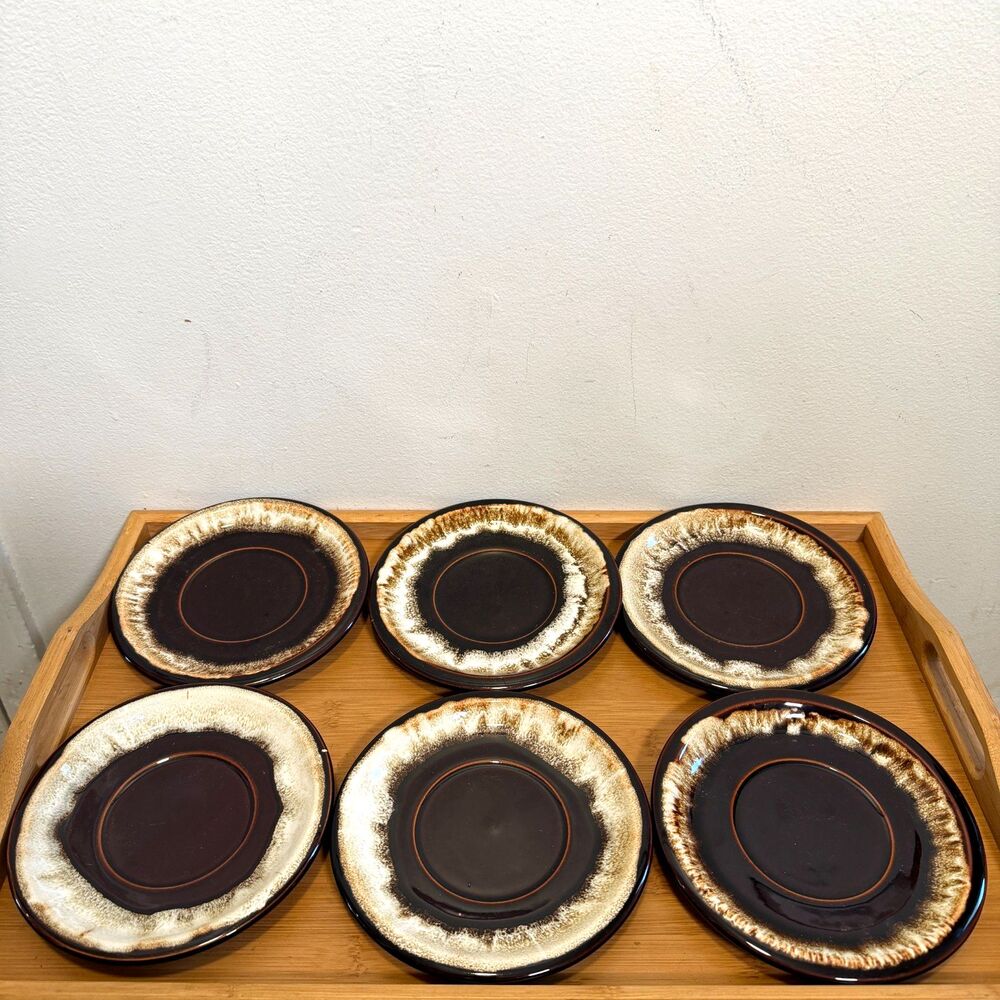 Pfaltzgraff Gourmet Brown Drip 6 Saucer Plates 6.5" Vintage USA Stoneware Set